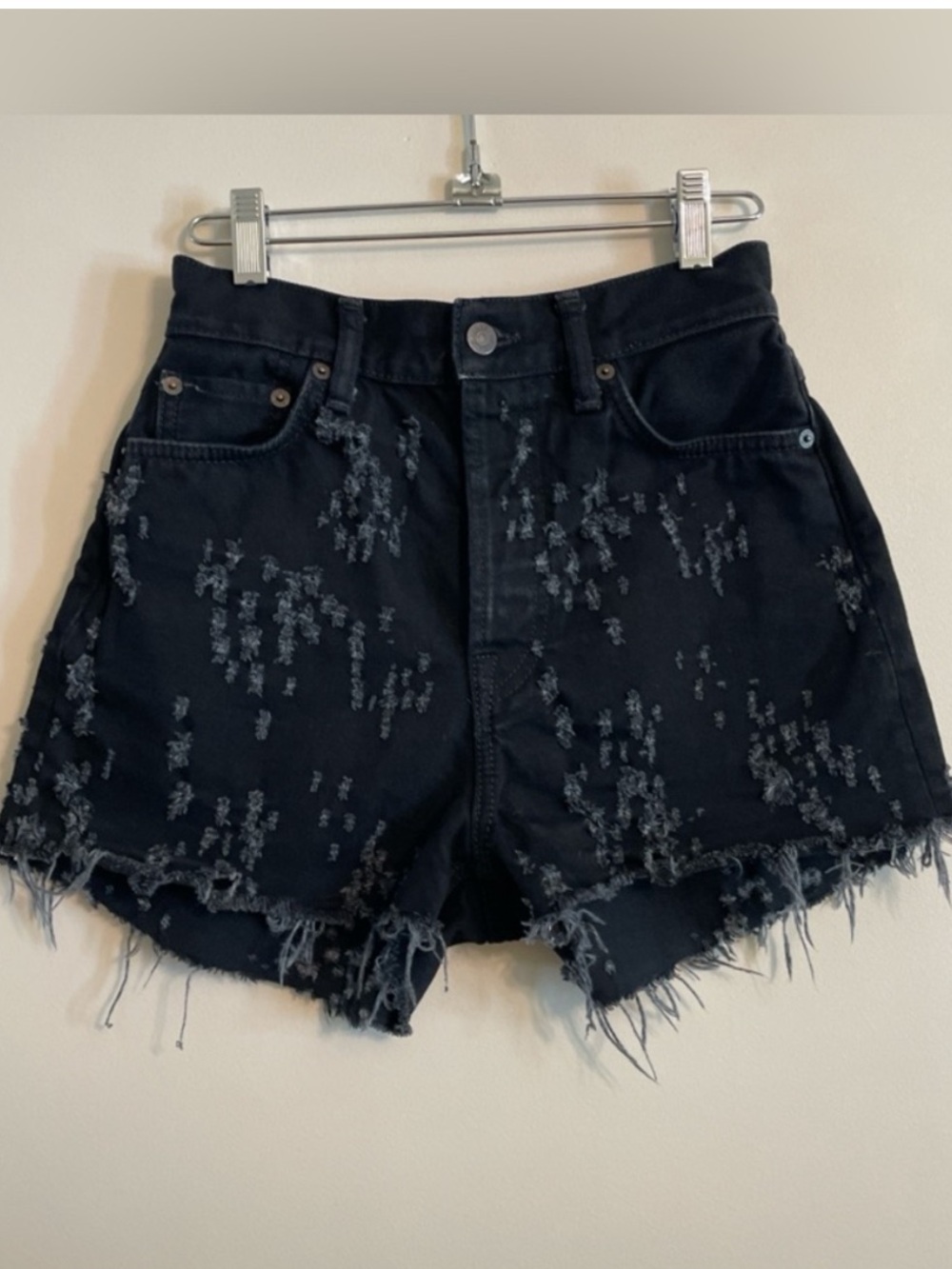 Acne Studios Black Distressed Frayed Hem Denim Shorts High Rise Designer Cutoffs